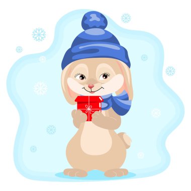 Şapkalı ve eşarplı şirin bir tavşan. Arkaplanda kar taneleri olan bir hediye. Noel illüstrasyonu, çocuk baskısı, vektör
