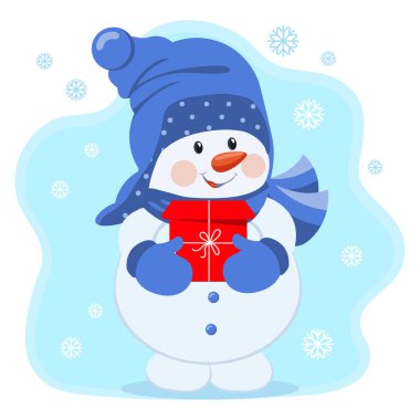 Şapkalı, atkılı, hediye kutusu ve kar taneleri olan sevimli bir kardan adam. Noel illüstrasyonu, çocuk baskısı, vektör