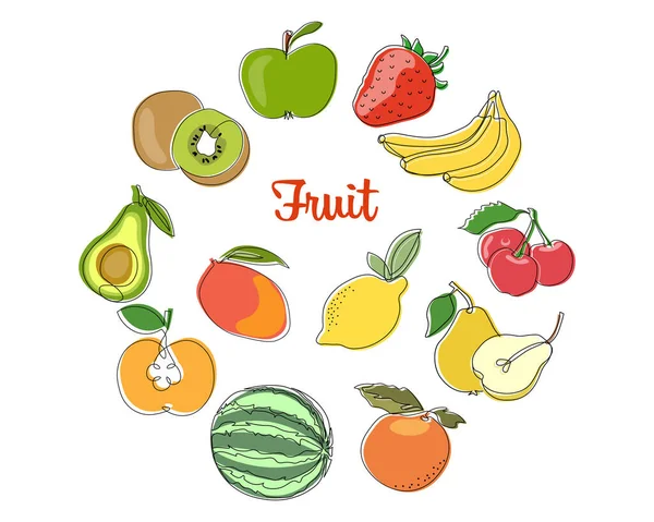 Zestaw Owoców Ikon Banan Truskawka Mango Cytryna Inne Owoce Czarny — Wektor stockowy