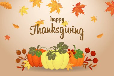 Şükran Günü illüstrasyonu. Balkabağı, sonbahar yaprakları, rowan ve mantar bileşimi. Tebrik kartı, vektör