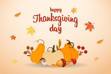 Şükran Günü illüstrasyonu. Balkabağı, sonbahar yaprakları, rowan ve mantar bileşimi. Tebrik kartı, vektör