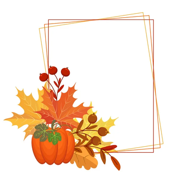 Thanksgiving Day Frame Composition Pumpkin Autumn Leaves Rowan Mushrooms Postcard — Stock Vector