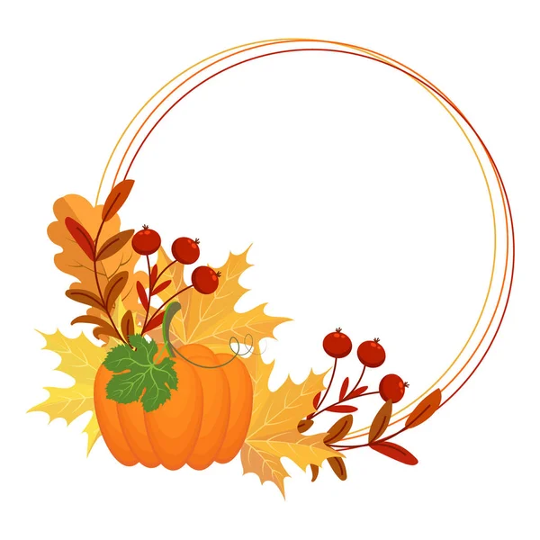 Thanksgiving Day Frame Composition Pumpkin Autumn Leaves Rowan Mushrooms Postcard — Stock Vector