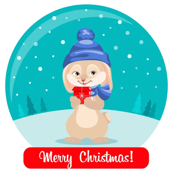 Cute Bunny Hat Christmas Gift Box Glass Ball Congratulatory Text — Stock Vector