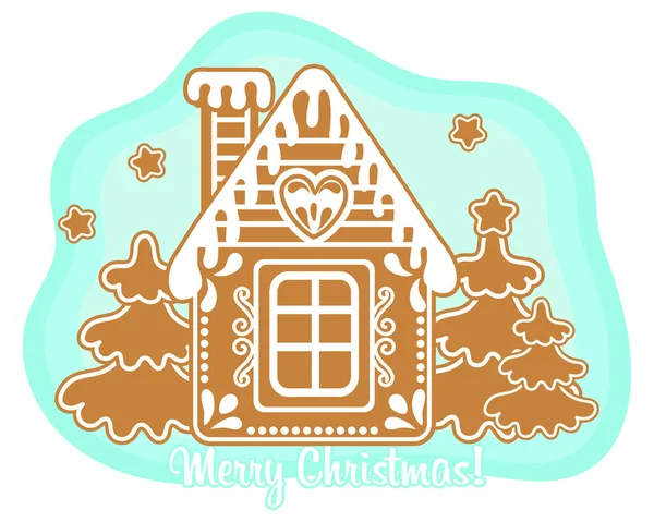 Maison Noël Pain Épice Avec Sapins Texte Joyeux Noël Illustration — Image vectorielle
