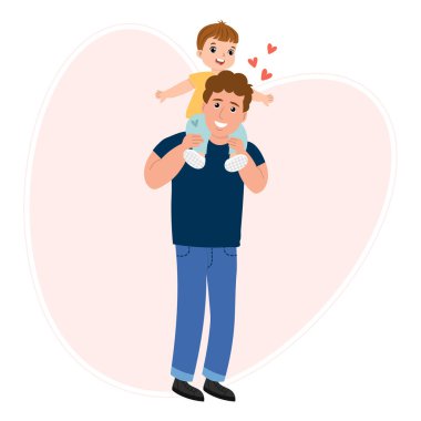 Baba ve küçük oğlu, çocuklu mutlu bir baba. Aile kavramı. Görüntü, poster, vektör