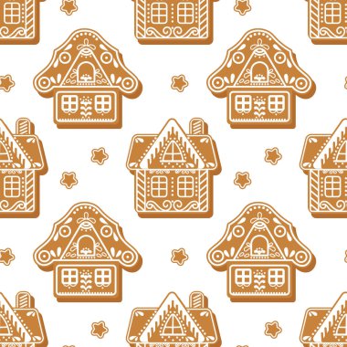 Kusursuz desenler, boyalı zencefilli kurabiye evleri, Noel arkaplanı. Yazdırma, dekor, vektör