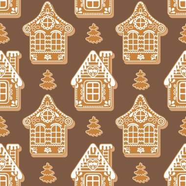 Kusursuz desenler, boyalı zencefilli kurabiye evleri, Noel arkaplanı. Yazdırma, dekor, vektör