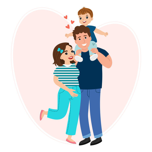 Мама, папа и маленький сын, счастливая семья. Семейная концепция. Иллюстрация, плакат, вектор