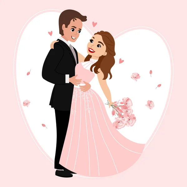 Novia Novio Con Ramo Flores Recién Casados Felices Concepto Familiar — Vector de stock