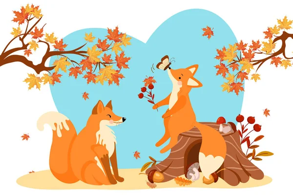 秋天森林里可爱的一对狐狸 儿童印刷品 — 图库矢量图片