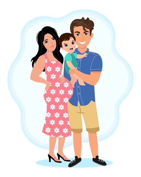Беременная Мама Папа Маленький Сын Счастливая Семья Семейная Концепция Иллюстрация — стоковый вектор