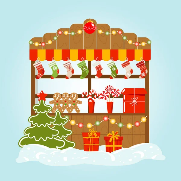 Rua Natal Neve Com Presentes Doces Natal Meias Árvores Natal — Vetor de Stock
