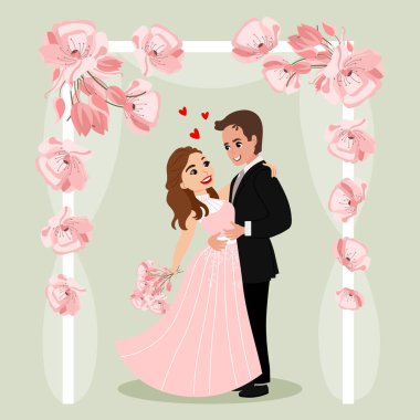 Gelin ve damat, çiçekli bir kemerin arkasında, mutlu yeni evliler. Aile kavramı. Resim, düğün posteri, vektör