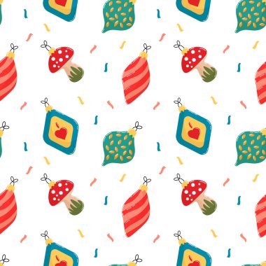 Kusursuz desenler, renkli yılbaşı ağacı süslemeleri. Yazdırma, arkaplan, tekstil, vektör