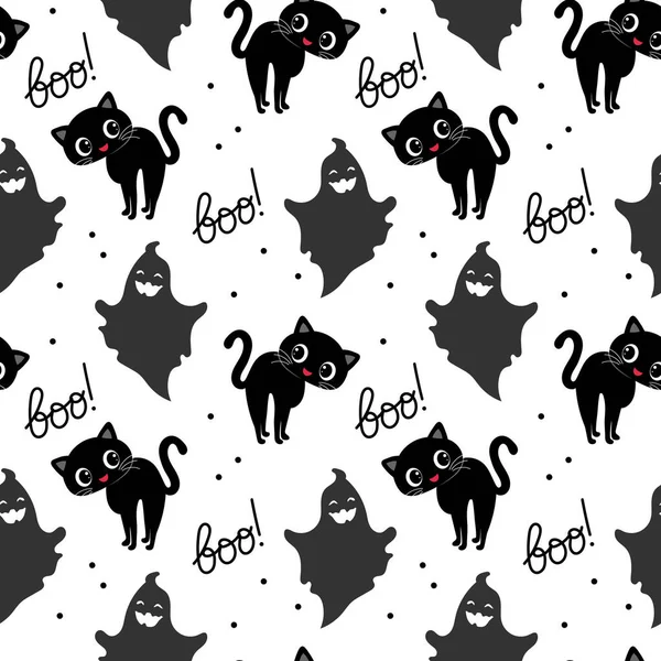 Бесшовный Рисунок Милые Черные Кошки Призраки Слово Хэллоуин Печать Фон — стоковый вектор