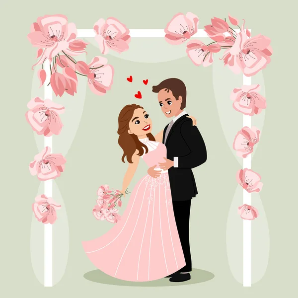 Bruden Och Brudgummen Bakgrunden Båge Med Blommor Glada Nygifta Familjebegreppet — Stock vektor