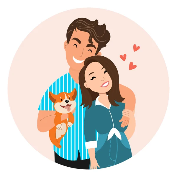 Jovem Casal Feliz Com Cão Conceito Felicidade Familiar Ilustração Vetor —  Vetores de Stock
