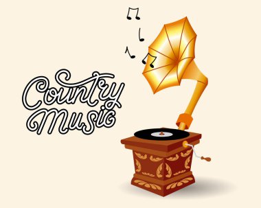 Plak, müzik notaları ve metin Country Müziği olan klasik bir gramofon. Retro illüstrasyon, vektör
