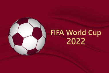 Burgundy ipek kumaş arka planda futbol topu ve metin FIFA Dünya Kupası 2022. Poster, vektör