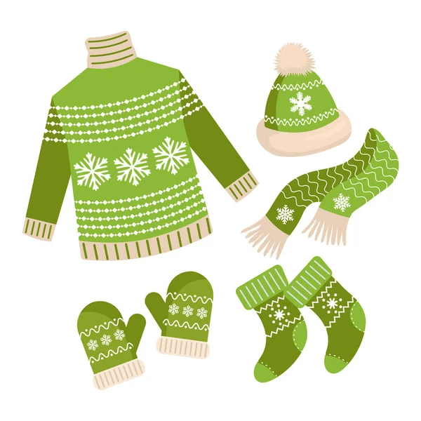 Conjunto Ropa Navidad Suéter Calcetines Sombrero Bufanda Manoplas Diseño Verde — Vector de stock