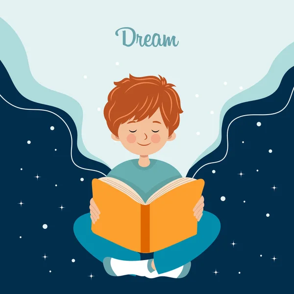Kitaplı Şirin Küçük Çocuk Gecenin Arka Planında Rüya Görüyor Çizgi — Stok Vektör