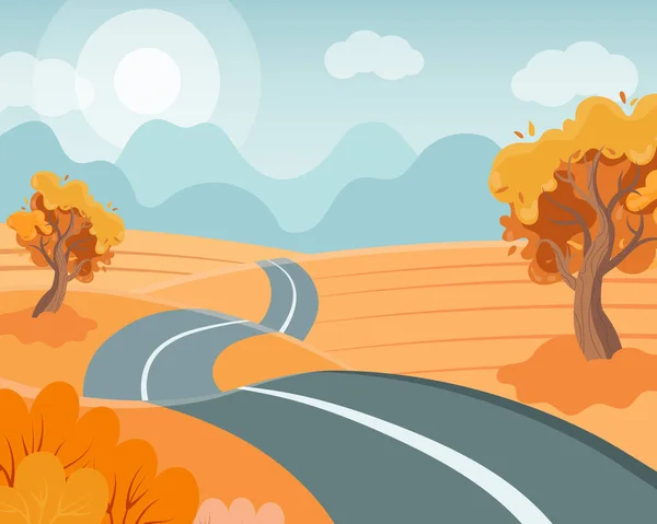 路在田野和树木之间 向远方走去 秋天的风景 剪贴画 — 图库矢量图片