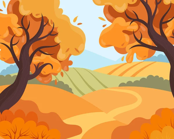 秋天的风景 田野和树木间的道路 剪贴画 — 图库矢量图片