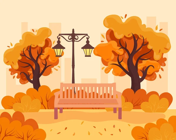 Sonbahar manzarası, park bankı ve ağaçlar ve çalılar arasında retro fener. Resim, klipsleme sanatı, vektör