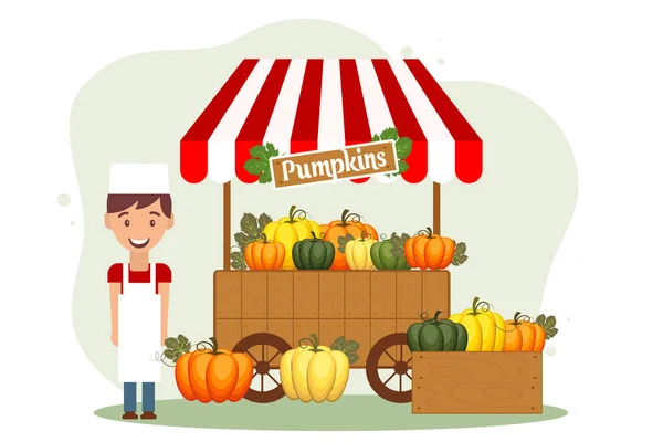 Street Stall Autumn Pumpkins Cheerful Seller Thanksgiving Day Greeting Card — Stock Vector