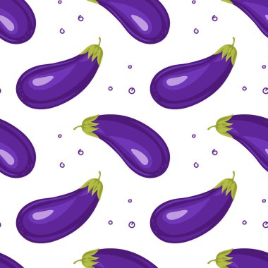 Kusursuz desen, beyaz arka planda patlıcan, sebze baskısı. Mutfak dekoru, tekstil, vektör