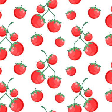 Kusursuz desen, kırmızı kiraz domatesleri, sebze baskısı. Mutfak dekoru, tekstil, vektör