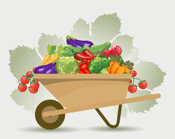 Ein Hölzerner Gartenwagen Mit Einer Ernte Einer Vielzahl Von Gemüse — Stockvektor