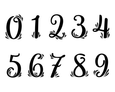 0 'dan 9' a kadar numaralar, yapraklarla süslenmiş bir dizi elle çizilmiş numaralar. Resim, simgeler, şablon, vektör