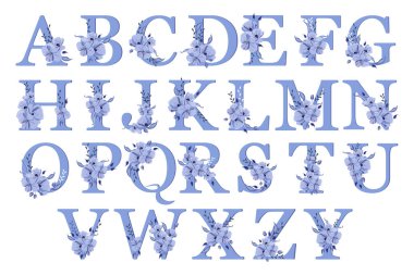 Alfabe, çiçeklerle süslenmiş harfler, yumuşak mavi tasarım. Kartpostallar, kartvizitler ve davetiyeler için dekor unsurları, vektör