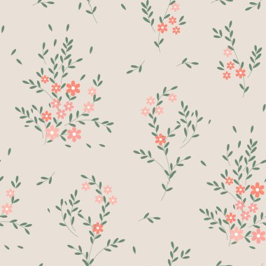 Kusursuz desen, küçük çiçekler ve bej arka planda dağınık yapraklar. Çiçek arkaplan, baskı, tekstil, vektör