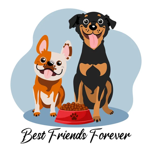 Funny Dogs Bowl Food Pinscher Bulldog Text Best Friends Forever — Stock Vector