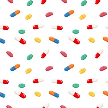 Tıbbi hapların ve tıbbi kapsüllerin kusursuz deseni. İlaç geçmişi, vektör