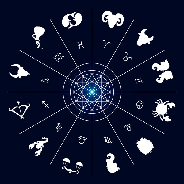 Signos Zodiacais Astrológicos Círculo Místico Céu Noturno Ilustração Horóscopo Vector — Vetor de Stock
