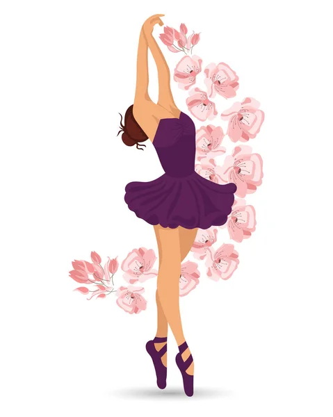 Uma Bailarina Dançante Elegante Vestido Roxo Sapatos Pontiagudos Flores Voadoras —  Vetores de Stock