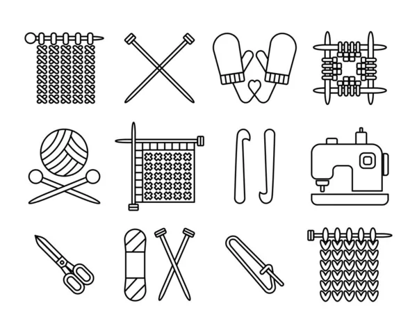 Knitting Outline Icons Set Knitting Needles Thread Hook Scissors Knitting — Stock Vector