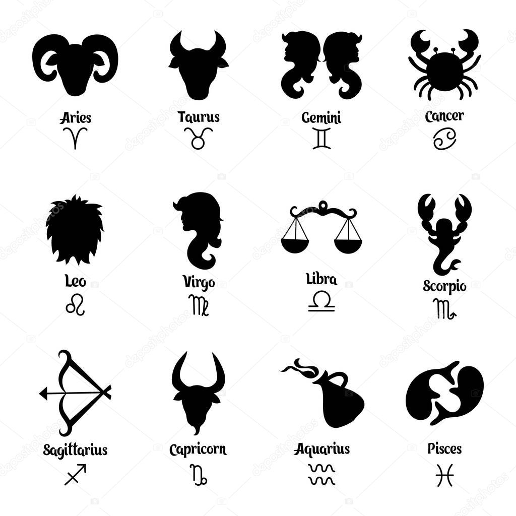 Set of zodiac signs and their names. Black and white design. Icons, vector