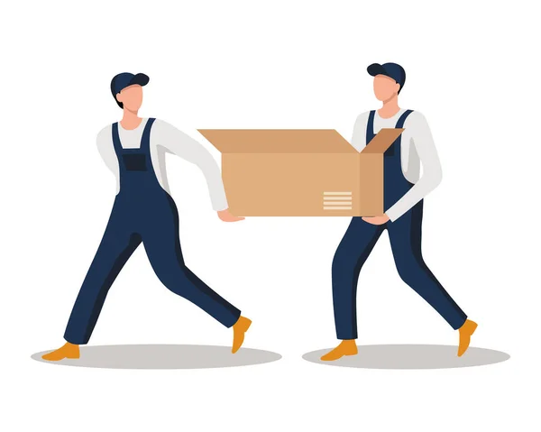 穿工作服的男人带着箱子 货物运输和交付的概念 — 图库矢量图片