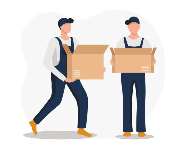 Men Overalls Carry Boxes Concept Cargo Transportation Delivery Illustration Vector — Stock Vector