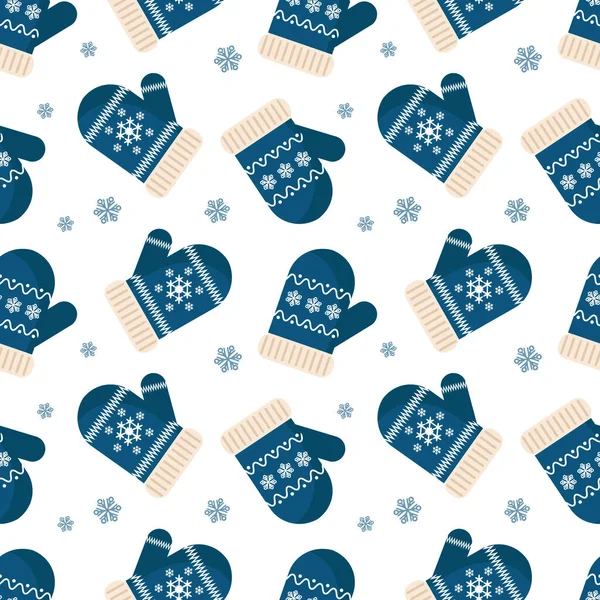 Modèle Sans Couture Hiver Bleu Moufles Noël Avec Ornement Flocon — Image vectorielle