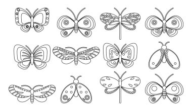 Böceklerin, kelebeklerin, yusufçukların ve güvelerin çizimleri. Boyama kitabı için tasarım. Simgeler, vektör