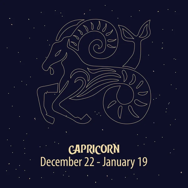 Oroscopo Segno Zodiacale Capricorno Disegno Dorato Sfondo Blu Stellato Illustrazione — Vettoriale Stock