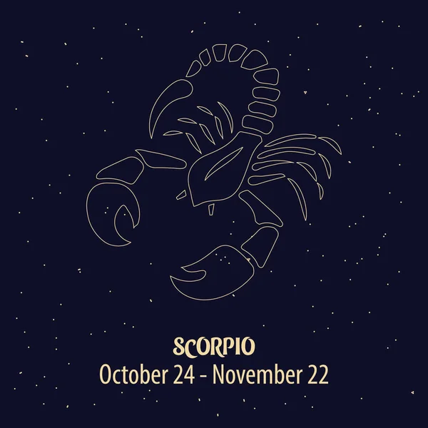 Oroscopo Segno Zodiacale Scorpione Disegno Dorato Sfondo Blu Stellato Illustrazione — Vettoriale Stock