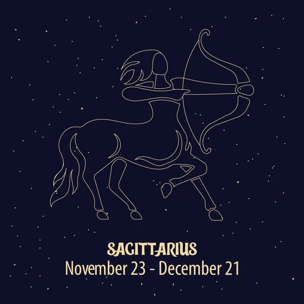 Oroscopo Segno Zodiacale Sagittario Disegno Dorato Sfondo Blu Stellato Illustrazione — Vettoriale Stock