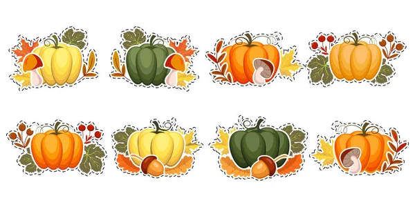 Herbst Sticker Kürbisse Mit Eicheln Pilzen Herbstblättern Und Eberesche Illustration — Stockvektor